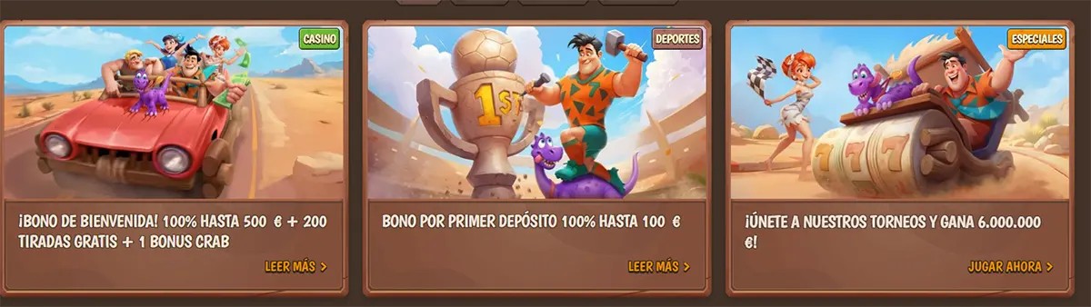 Stone Vegas Casino promotional cards in Spanish featuring welcome bonus, first deposit bonus, and tournament offers with cartoon characters and “Play Now” and “Read More” buttons