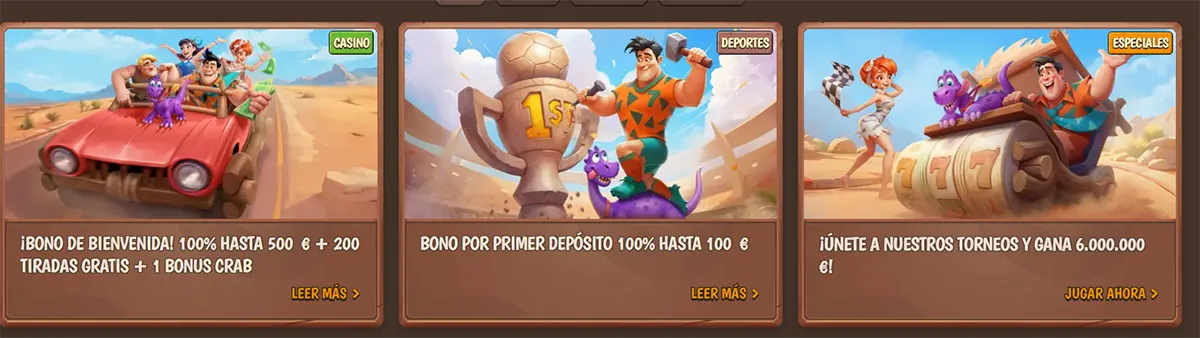 Stone Vegas Casino promotional cards in Spanish featuring welcome bonus, first deposit bonus, and tournament offers with cartoon characters and “Play Now” and “Read More” buttons
