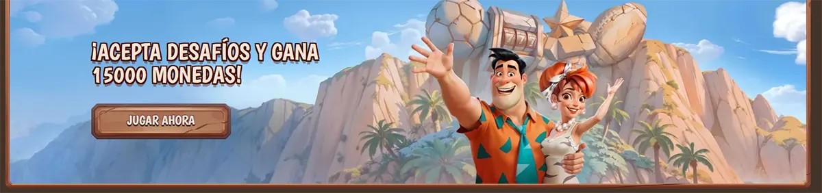 Stone Vegas Casino promotional banner in Spanish featuring cartoon characters encouraging players to accept challenges and win 15,000 coins with a “Play Now” button