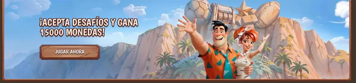 Stone Vegas Casino promotional banner in Spanish featuring cartoon characters encouraging players to accept challenges and win 15,000 coins with a “Play Now” button