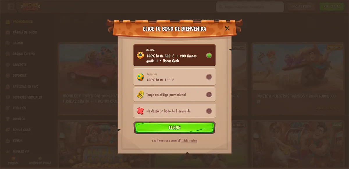 Stone Vegas Casino welcome bonus selection popup in Spanish showing casino and sports offers, promo code option, and “Choose” button