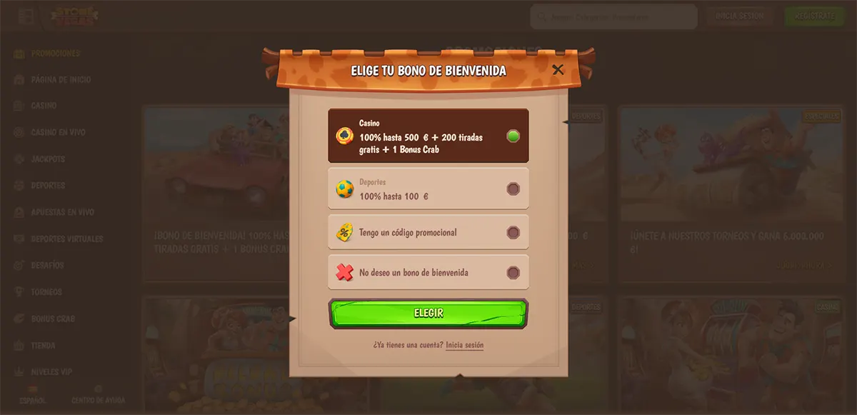 Stone Vegas Casino welcome bonus selection popup in Spanish showing casino and sports offers, promo code option, and “Choose” button